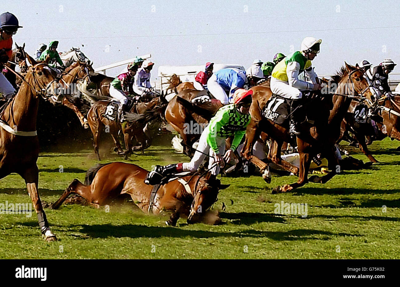 Grand National Wicked Crack. Connor O'Dwyer falls of Wicked Crack at the first fence during the Martell Grand National at Aintree. Stock Photo