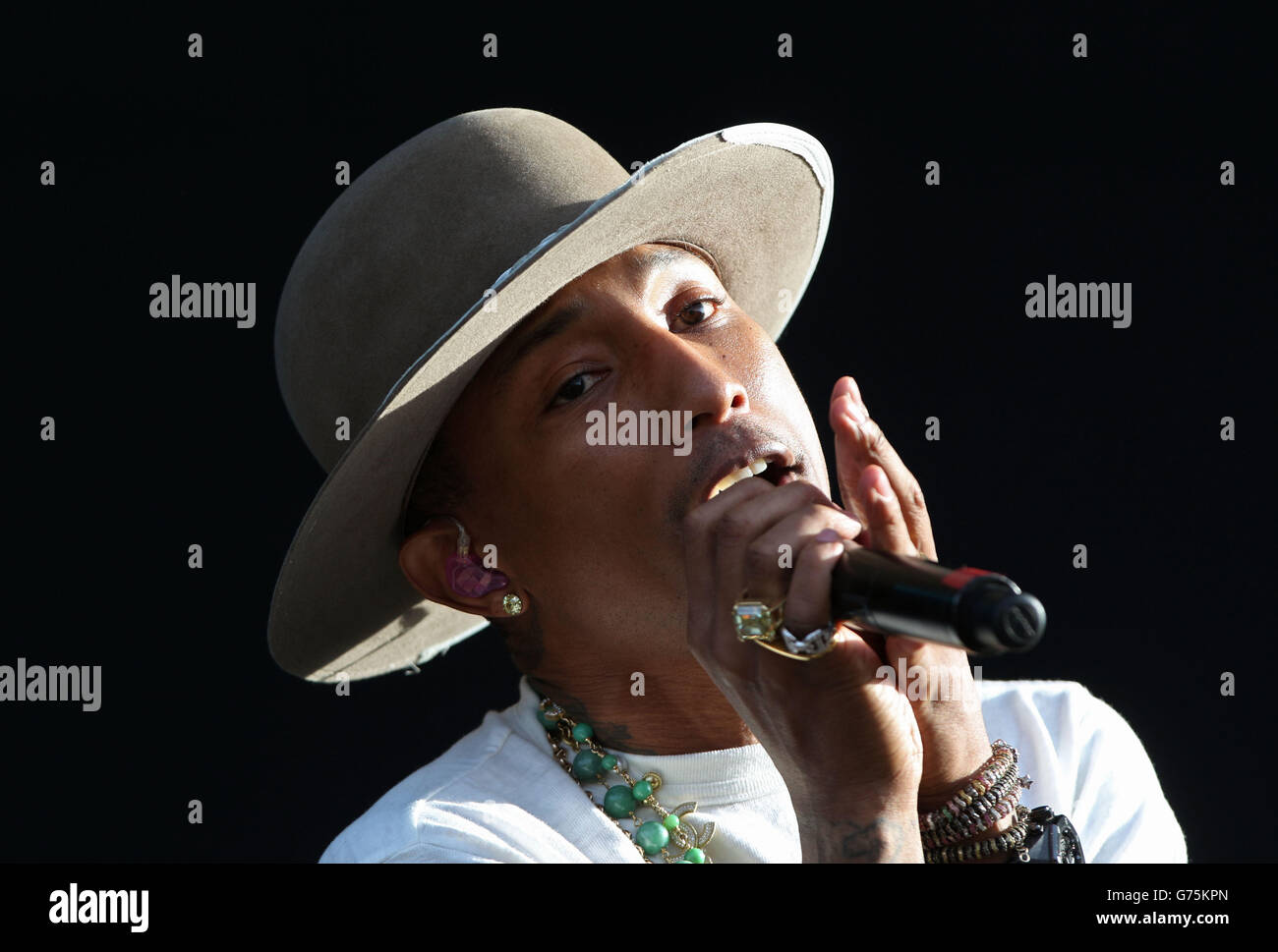 Pharrell Williams performing on the Main Stage at the Wireless Festival in Finsbury Park, north London. Stock Photo
