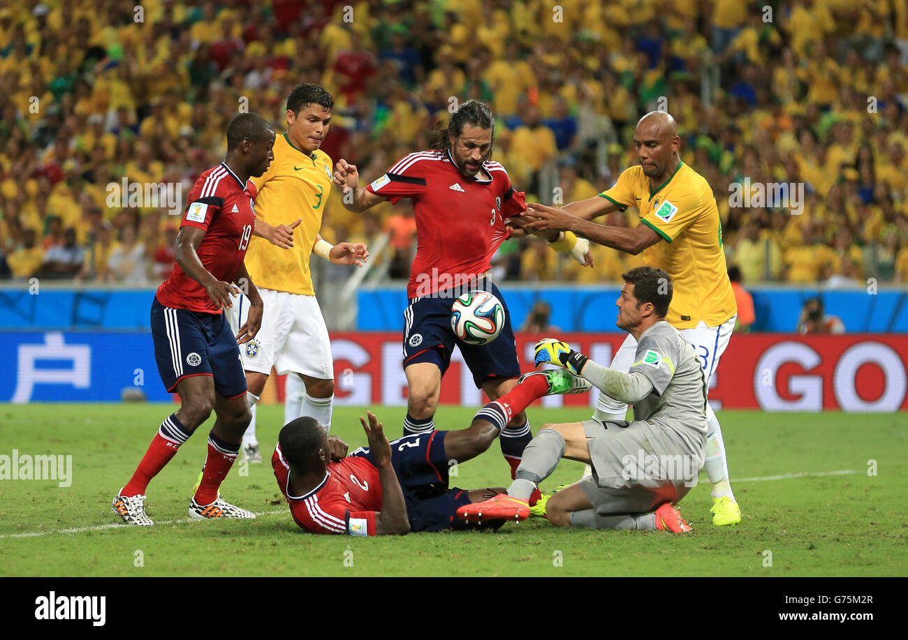 Colombia's Mario Yepes scores but the goal is disallowed for offside during the quarter final match at the Estadio Castelao, Fortaleza. Stock Photo