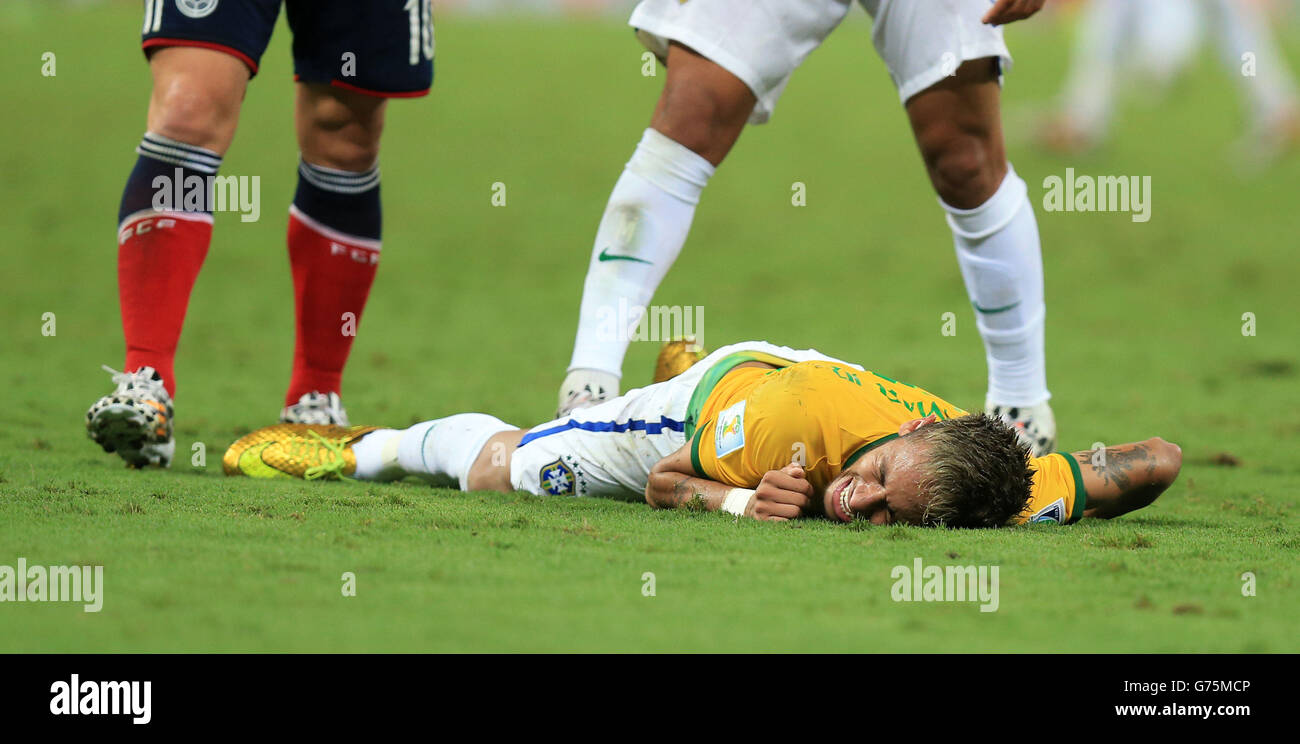 Brazil's Neymar sustains a back injury during the quarter final match at the Estadio Castelao, Fortaleza. Stock Photo