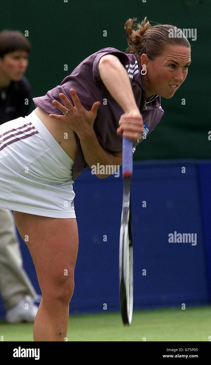Lucie Ahl of Great Britain in action during her 1st round match with Amanda Grahame of Australia at the DFS Classic at the Priory Club, Edgbaston, Birmingham. Stock Photo