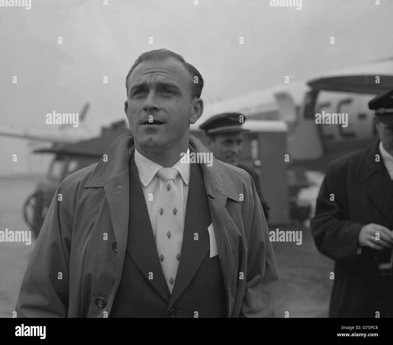 Alfredo Di Stefano, of Real Madrid, arriving at Heathrow Airport for the European Cup semi-final second leg against Manchester United. Stock Photo