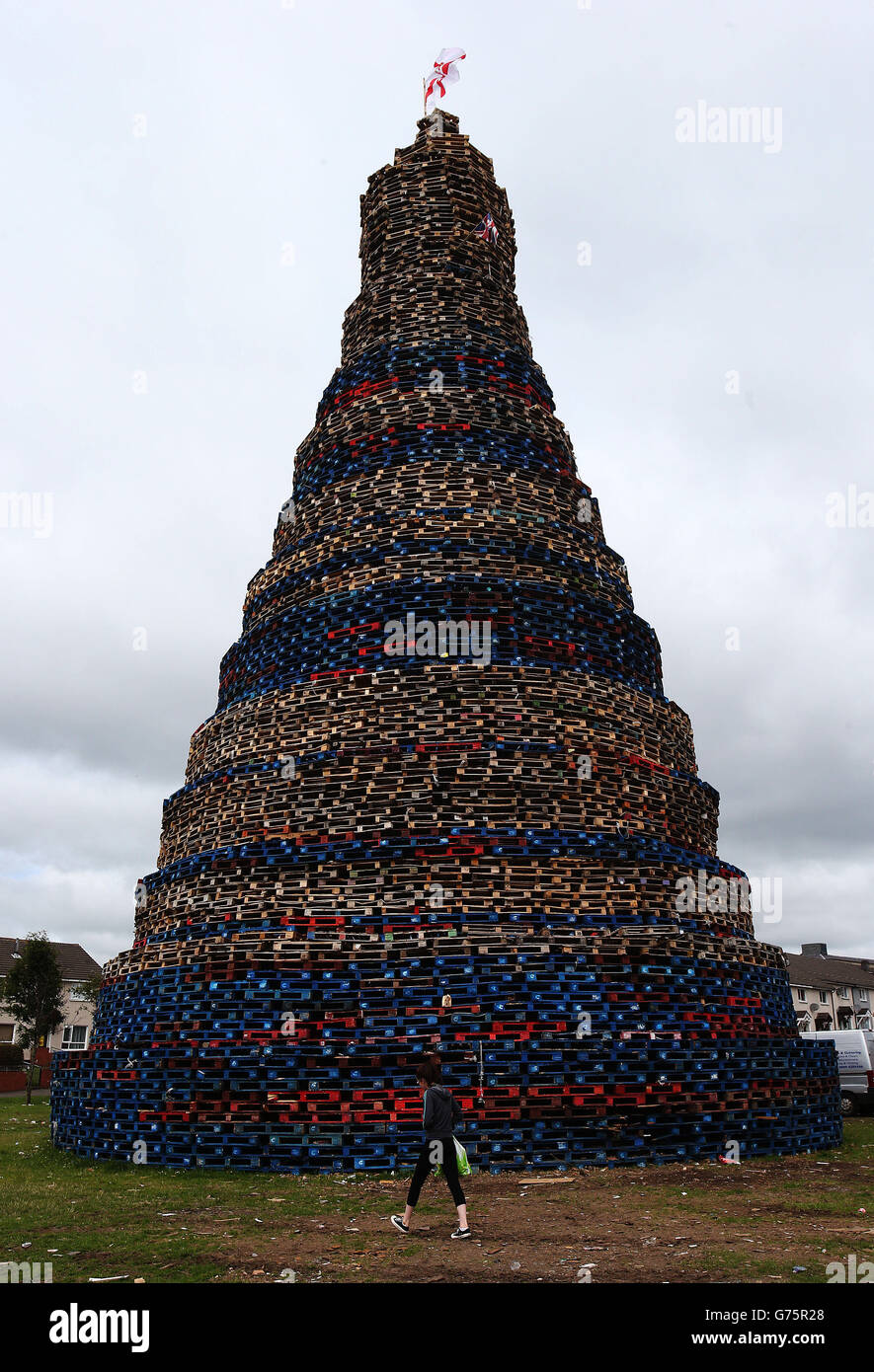 An unlit bonfire in the lower Shankill Road area of West Belfast