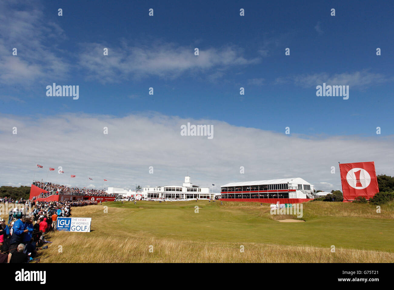The 18th Hole and Clubhouse during day four of the Ricoh Women's British Open at Royal Birkdale, Southport. Stock Photo
