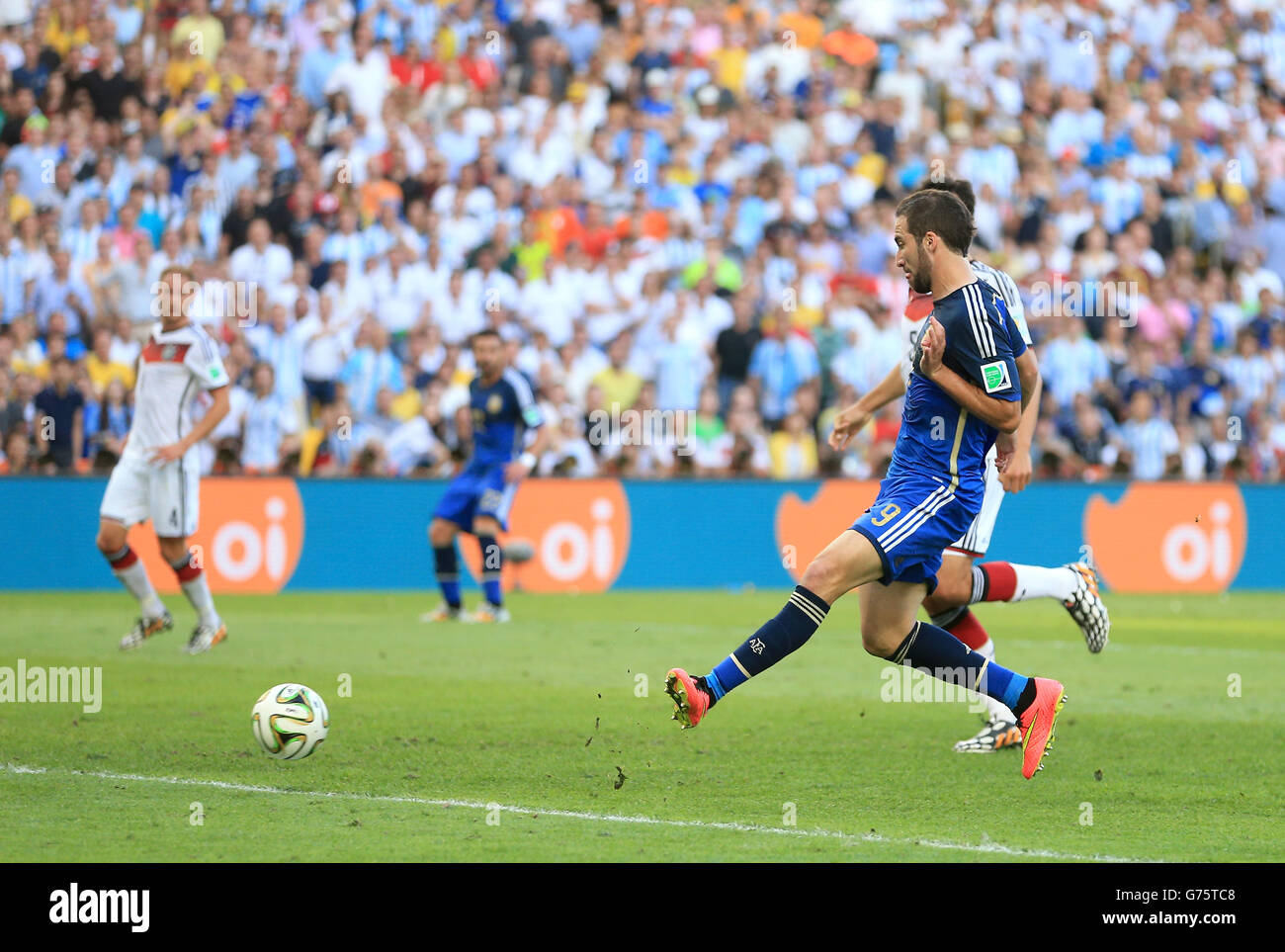 Argentina's Gonzalo Higuain scores from a shot on goal, but it is ruled out because of offside during the FIFA World Cup Final at the Estadio do Maracana, Rio de Janerio, Brazil. Stock Photo