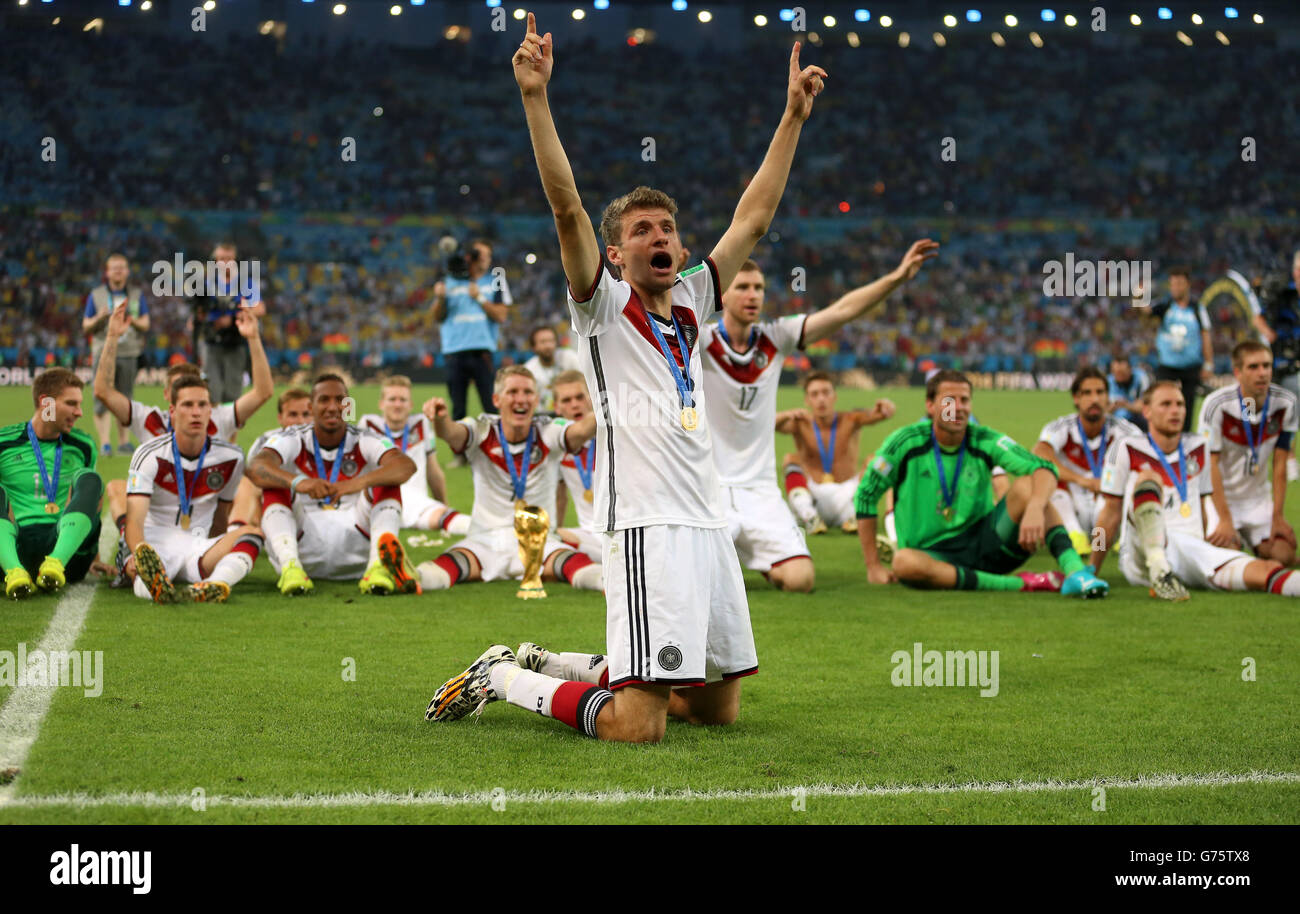 Germany's Thomas Muller celebrates winning the World Cup after the FIFA World Cup Final at the