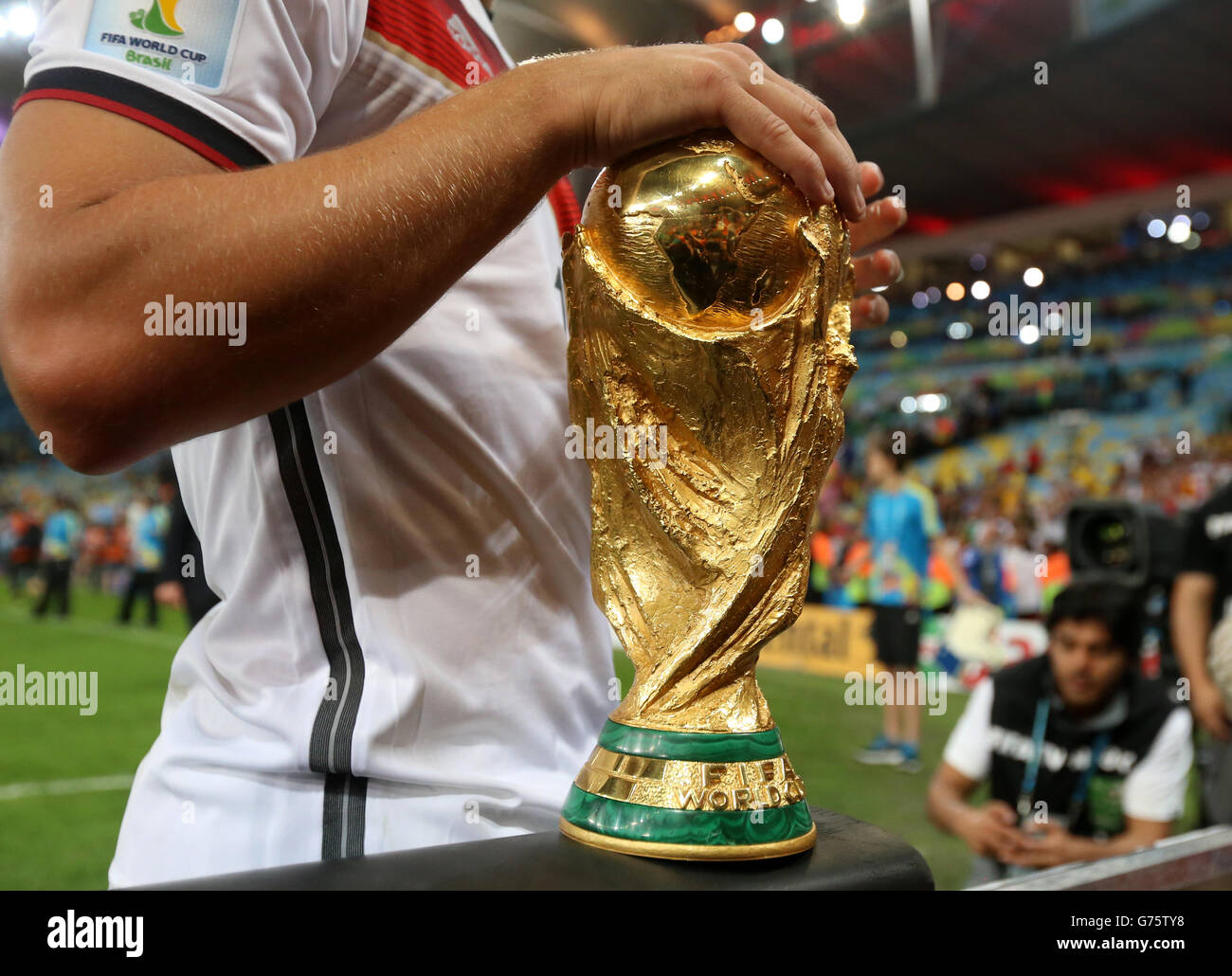 The FIFA World Cup Trophy after the FIFA World Cup Final at the Estadio do Maracana, Rio de Janerio, Brazil. Stock Photo