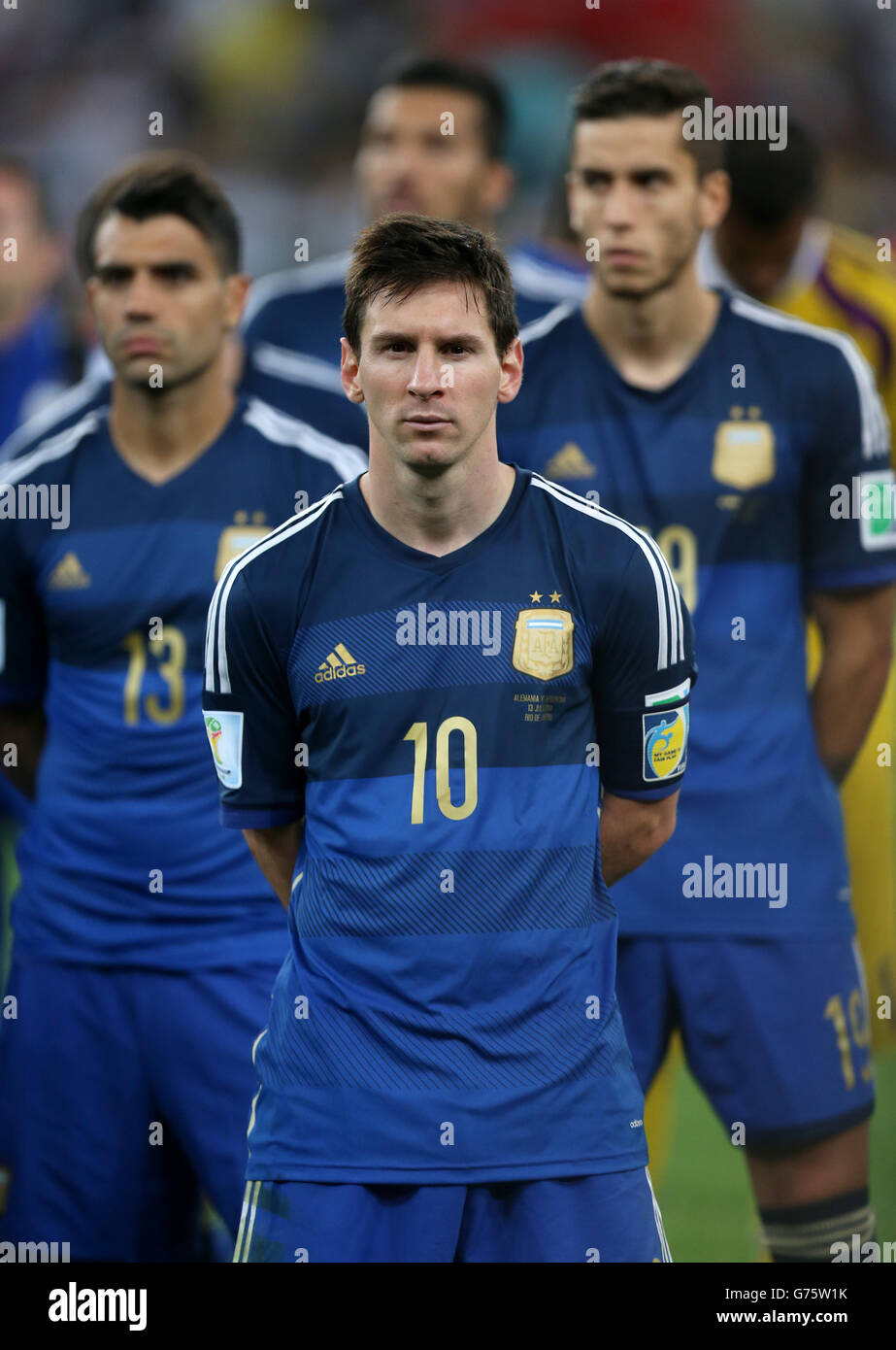 Argentina's Lionel Messi appears dejected after the final whistle of the FIFA World Cup Final at the Estadio do Maracana, Rio de Janerio, Brazil. Stock Photo