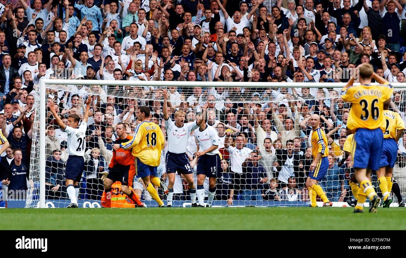 Spurs players celebrate after the receiving a penalty during the FA Barclaycard Premiership game at White Hart Lane, London. Stock Photo