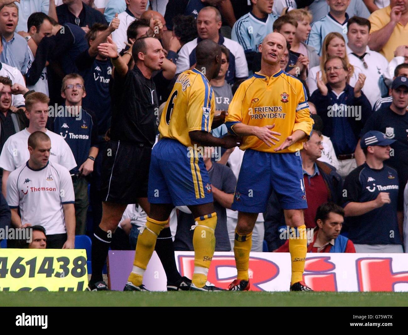 Southampton's Captain Chris Marsden (right) disputes a referee's decision for a penalty given against them during the FA Barclaycard Premiership game at White Hart Lane, London. Spurs won 2.1. Stock Photo