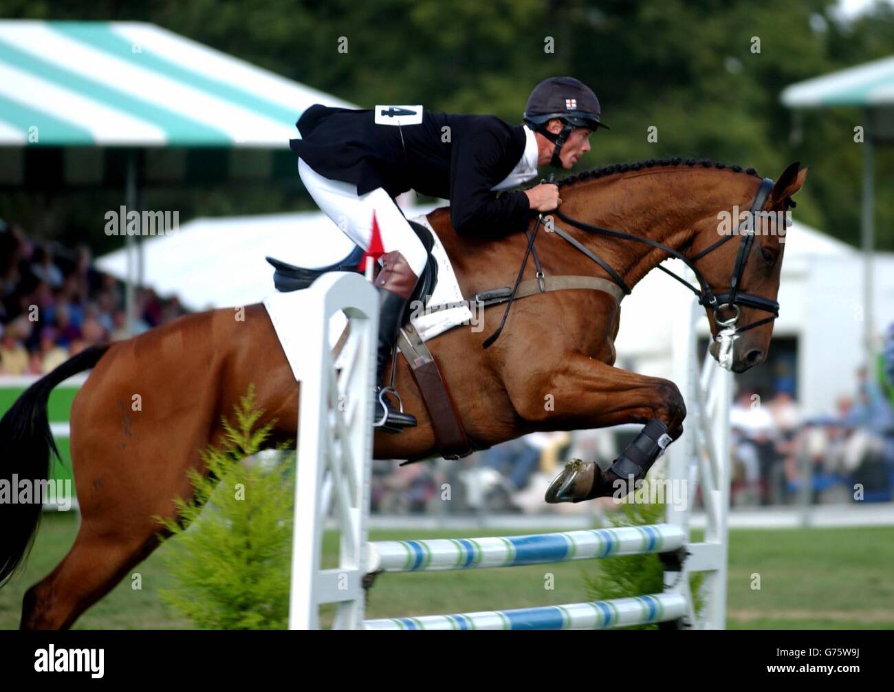 William Fox-Pitt riding Highland Lad during the show jumping event, goes on to win the Burghley Masterfoods Trophy at the Burghley Horse Trials in Cambridgeshire. Stock Photo