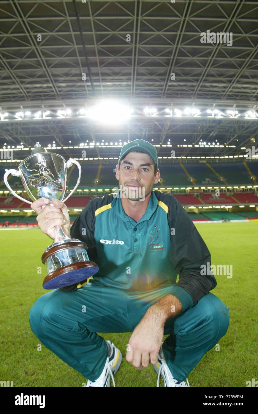 Rest of the World captain Stephen Fleming with the trophy after their side beat Britain 2-0 in the Power Cricket match at the Millennium Stadium. Stock Photo