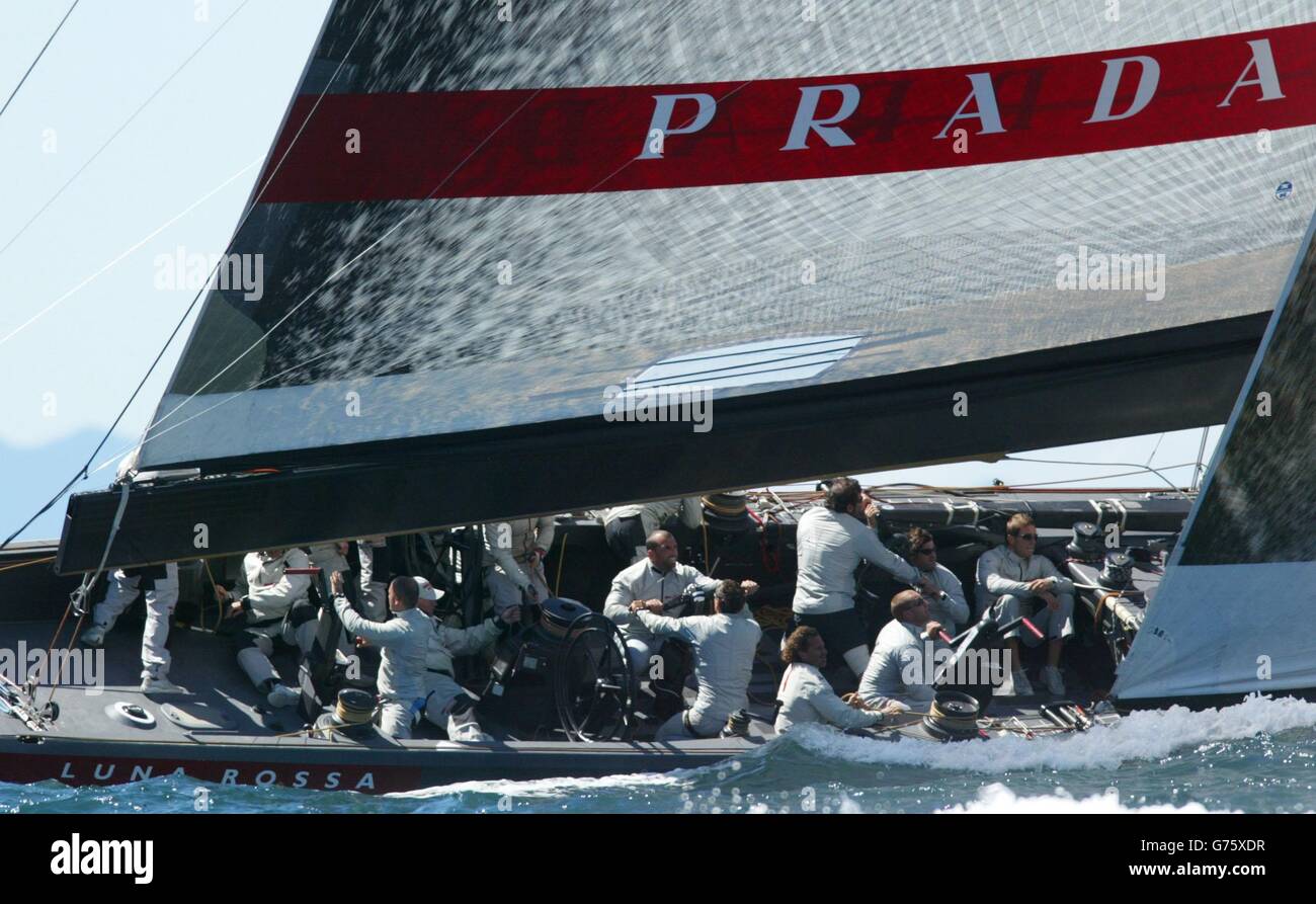 The Prada syndicate in the America's Cup aboard Luna Rossa on the Hauraki Gulf off Auckland, New Zealand Tuesday. *..Their race against Sweden's Victory Challenge was the only race of four which was completed after the wind dropped drastically, with the Italian team winning by two minutes and 35 seconds. The British GBR Challenge team racing the second Italian syndicate Mascalzone Latino on the same course were losing by 56 seconds when their race was abandoned on the final downwind leg. Stock Photo