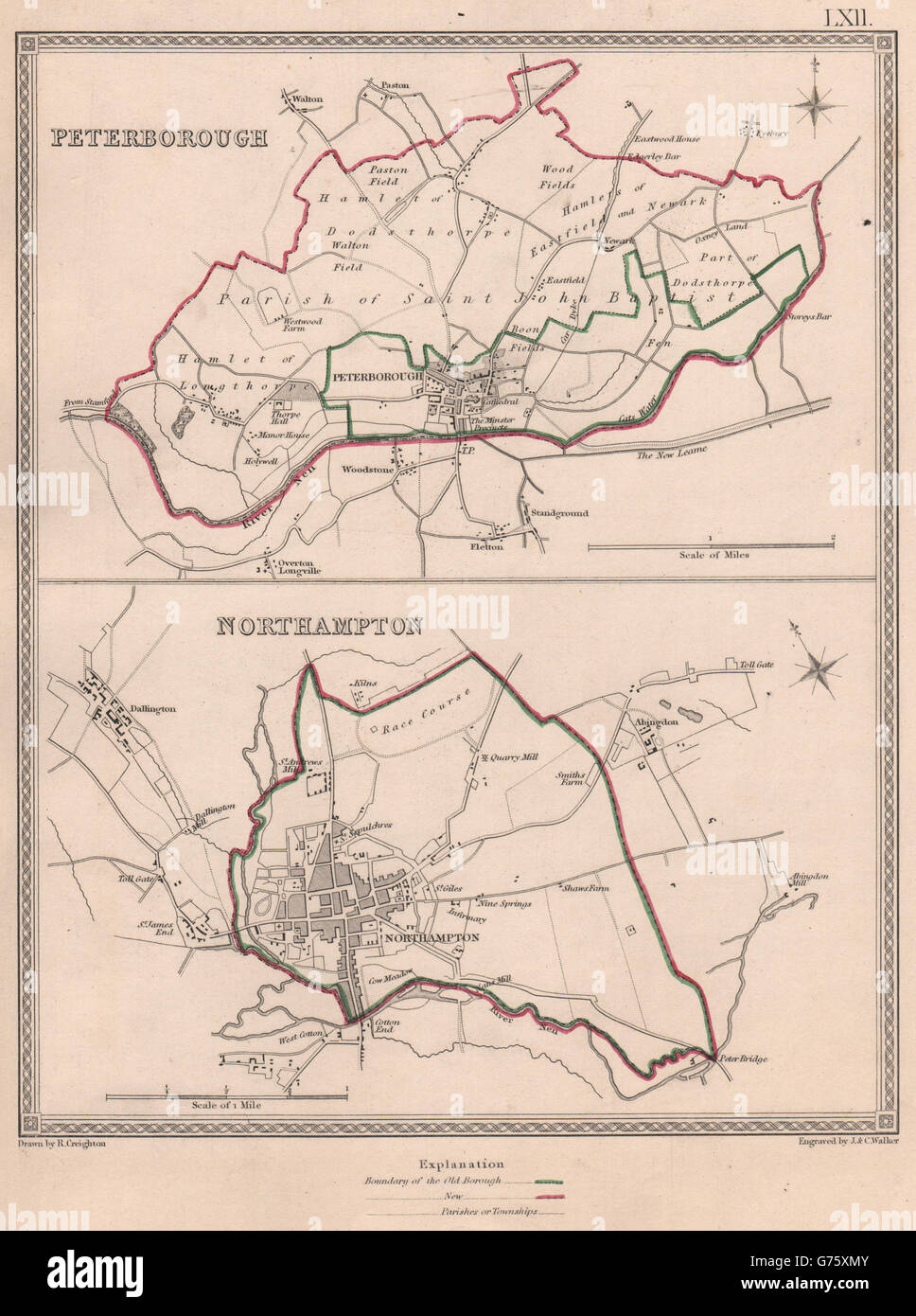 EAST MIDLANDS TOWNS. PeterNorthampton plans. CREIGHTON/WALKER, 1835 old map Stock Photo