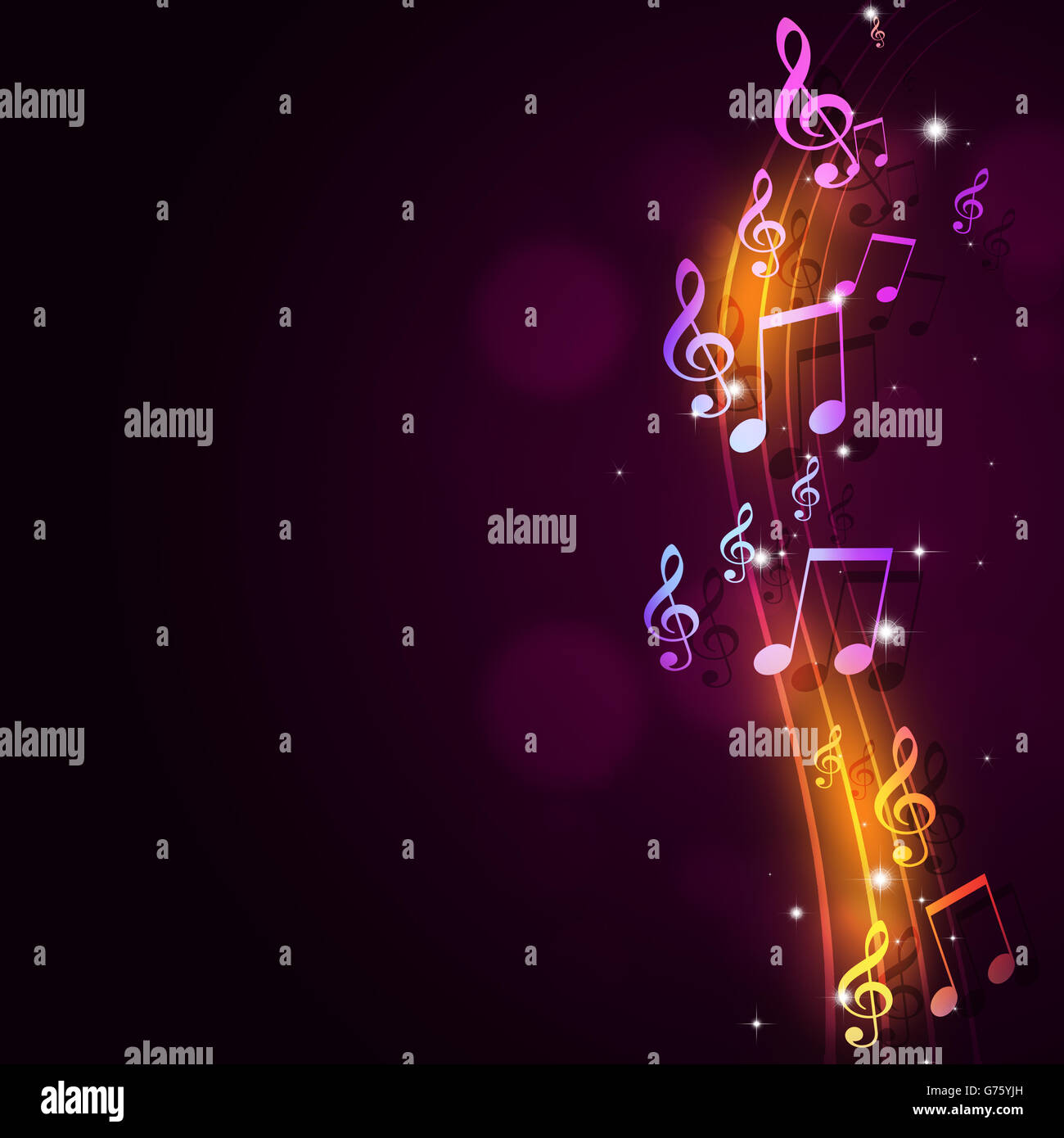 abstract dark red background with multicolor music notes Stock Photo