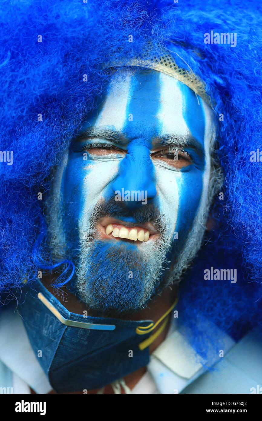 A Uruguay fan shows his support in the stands before the FIFA World Cup, Round of 16 match at the Estadio do Maracana, Rio de Janeiro, Brazil. PRESS ASSOCIATION Photo. Picture date: Saturday June 28, 2014. Photo credit should read: Mike Egerton/PA Wire. RESTRICTIONS: No commercial use. No use with any unofficial 3rd party logos. No manipulation of images. No video emulation Stock Photo