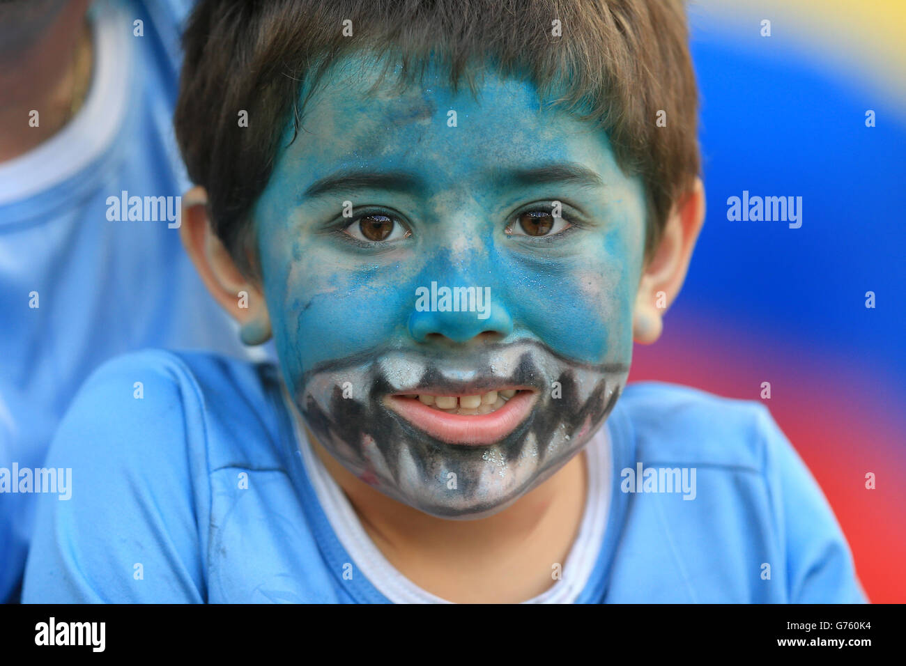 A young Uruguay fan shows his support in the stands before the FIFA World Cup, Round of 16 match at the Estadio do Maracana, Rio de Janeiro, Brazil. Stock Photo