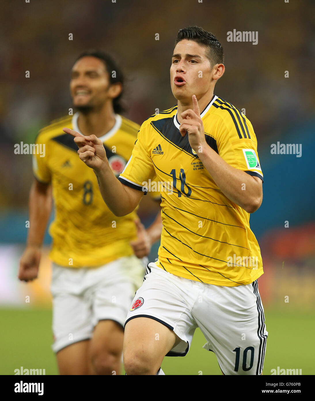 Colombia's James Rodriguez celebrates scoring their first goal of the game during the FIFA World Cup, Round of 16 match at the Estadio do Maracana, Rio de Janeiro, Brazil. Stock Photo