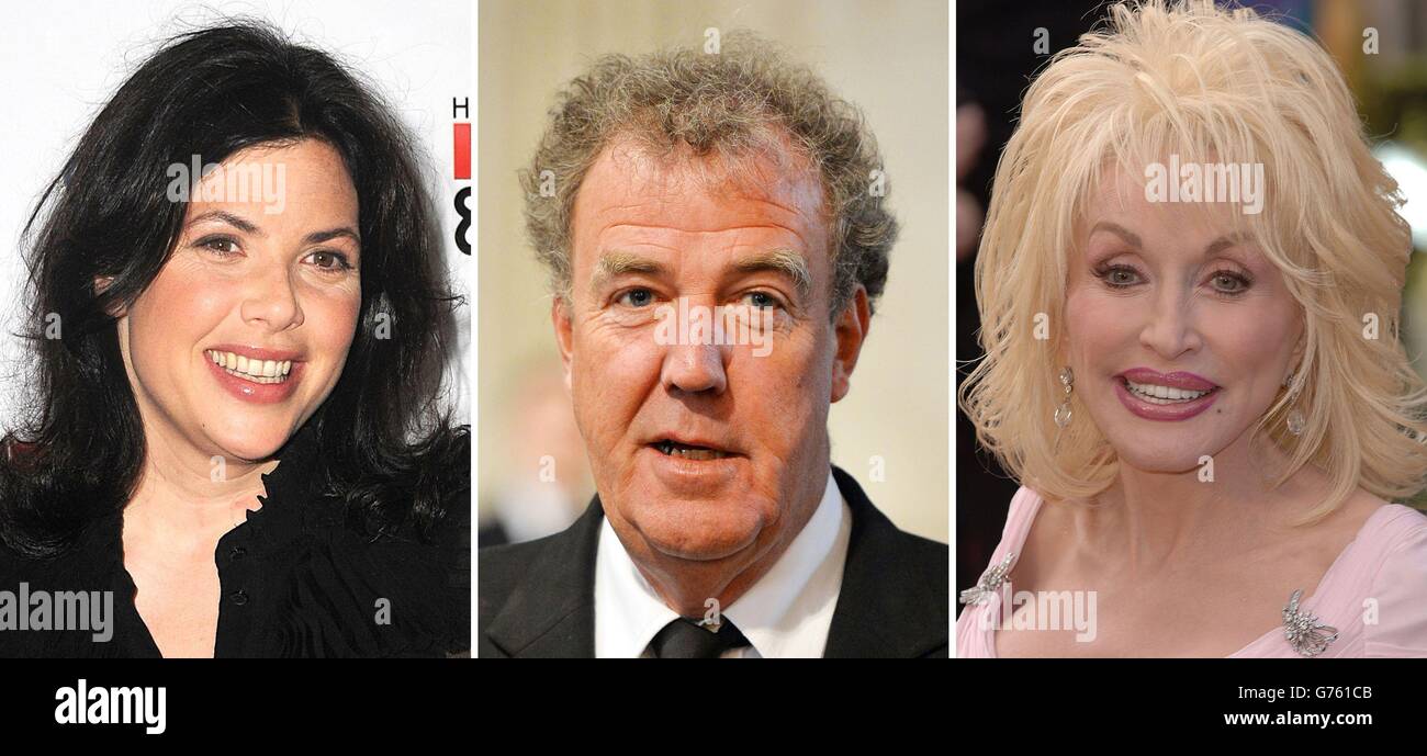 File photos of (from the left) Kirstie Allsopp, Jeremy Clarkson and Dolly Parton. Stock Photo