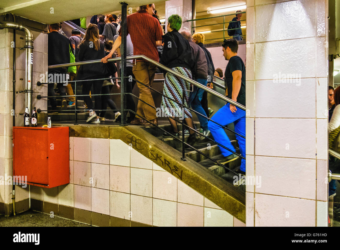 Berlin, Kreuzberg, Kottbusser Tor U-bahn Underground railway station with crowded staircase to exit Stock Photo