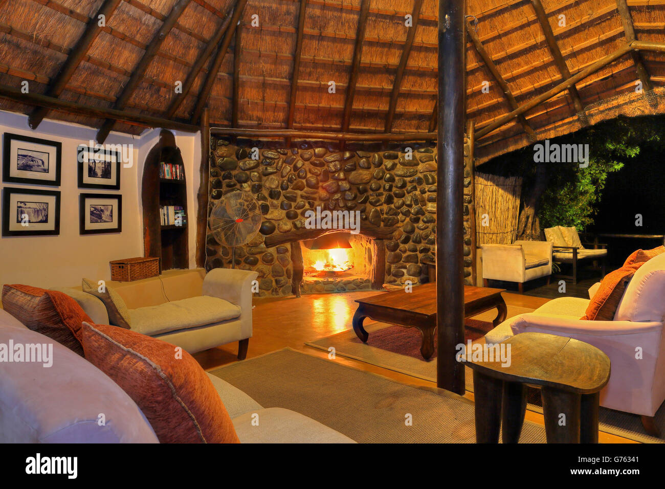 fireplace room, lounge, hotel, Lower Sambesi Nationalpark, Zambia, Africa Stock Photo