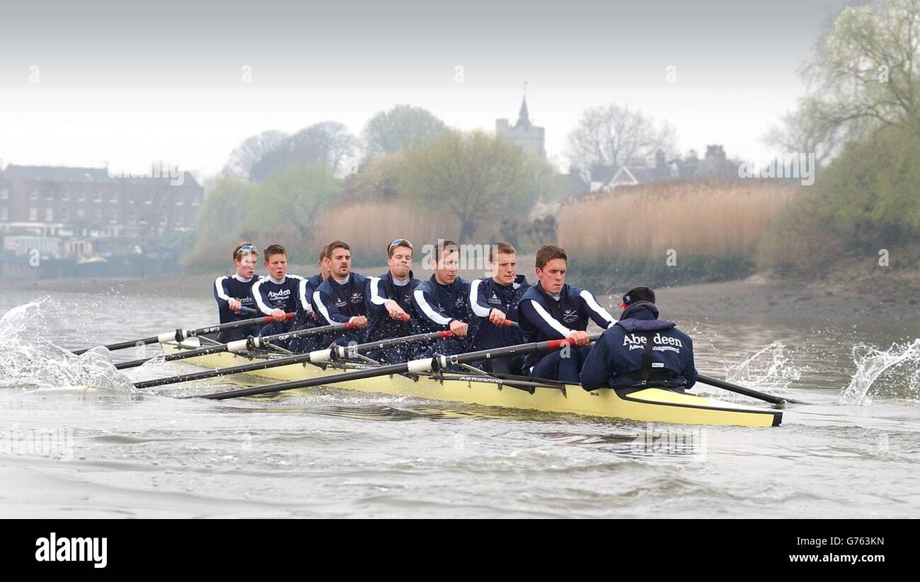 The Oxford University boat race crew train on the River Thames, prior