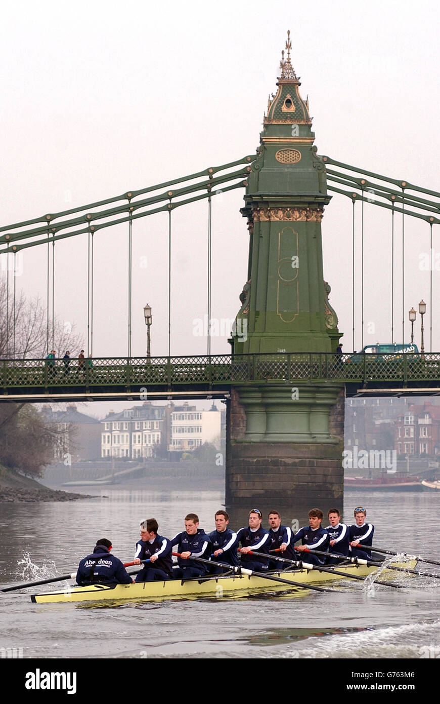 The Oxford University boat race crew train on the river Thames by