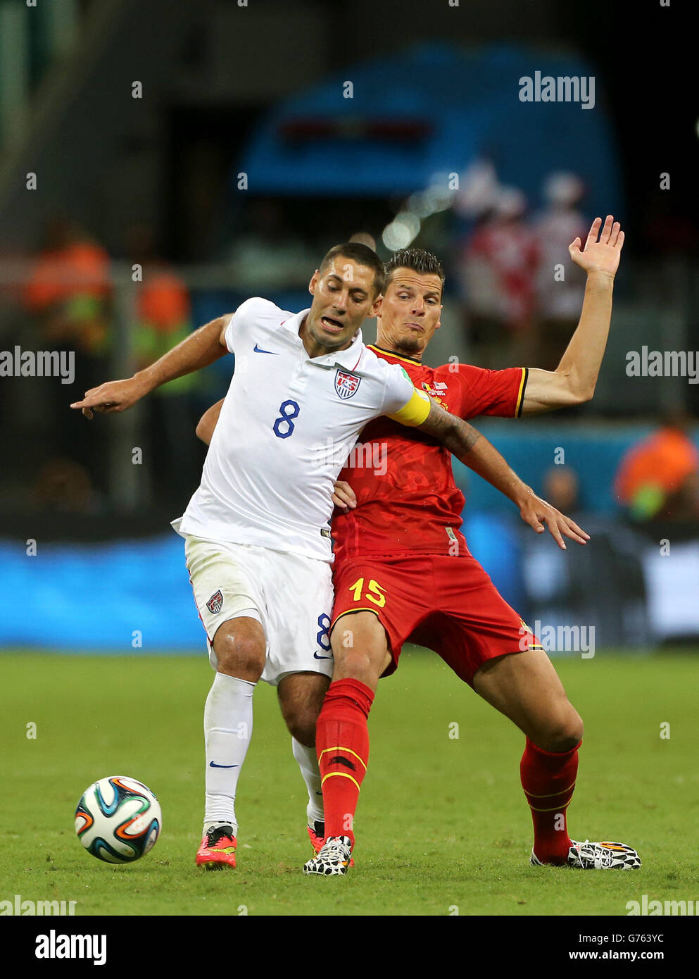 USA's Clint Dempsey (left) and Belgium's Daniel Van Buyten battle for the ball Stock Photo