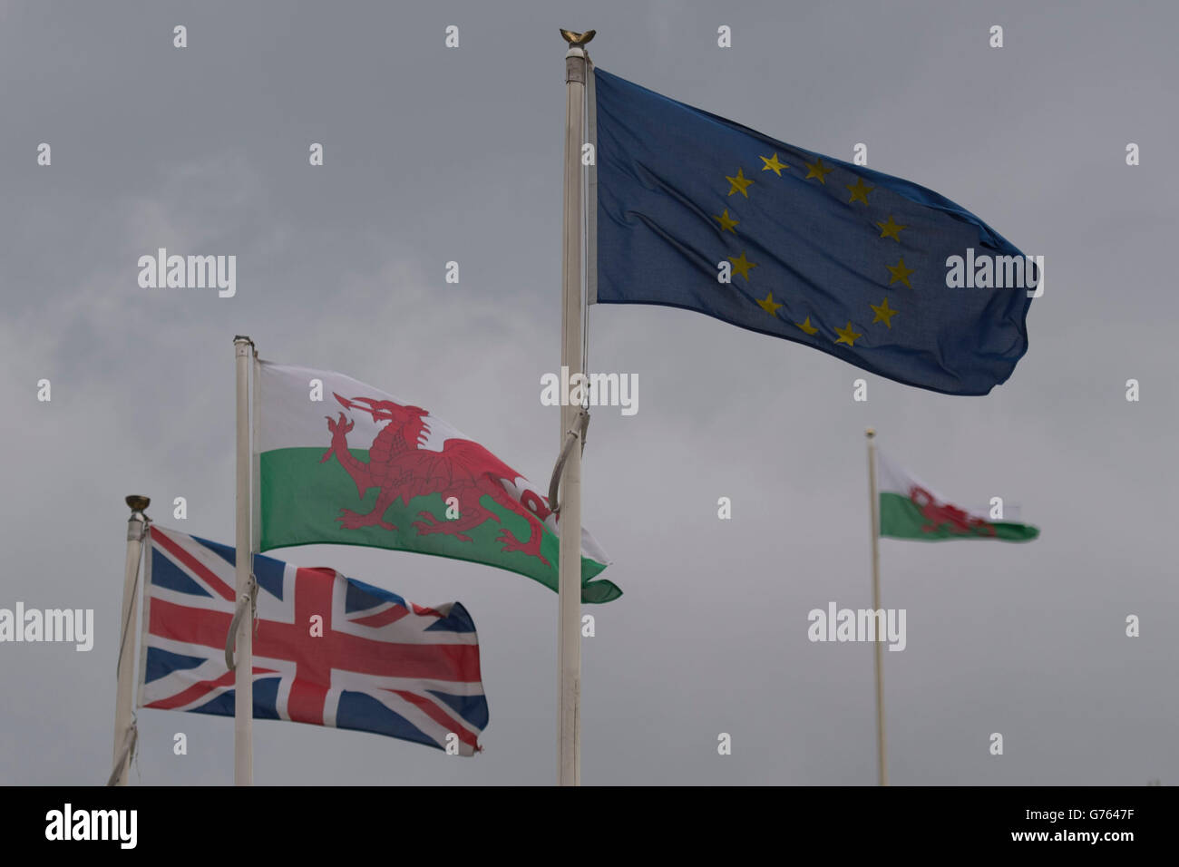 A Welsh Wales flag between a Union Jack and a European Union flag. Stock Photo