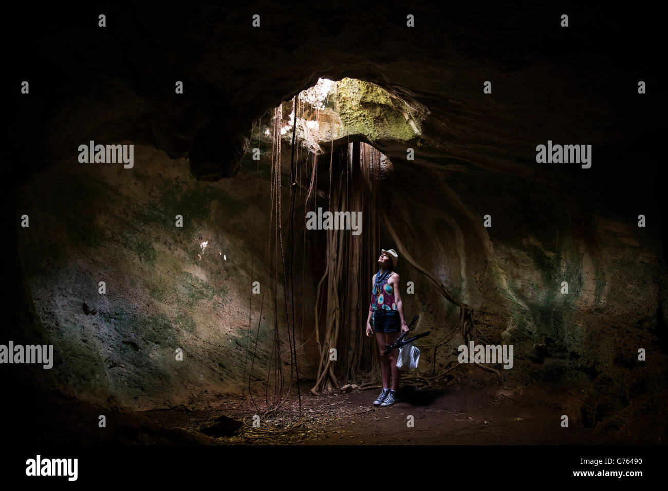 A tourist exploring the Ambrosio cave in Varadero, Cuba Stock Photo