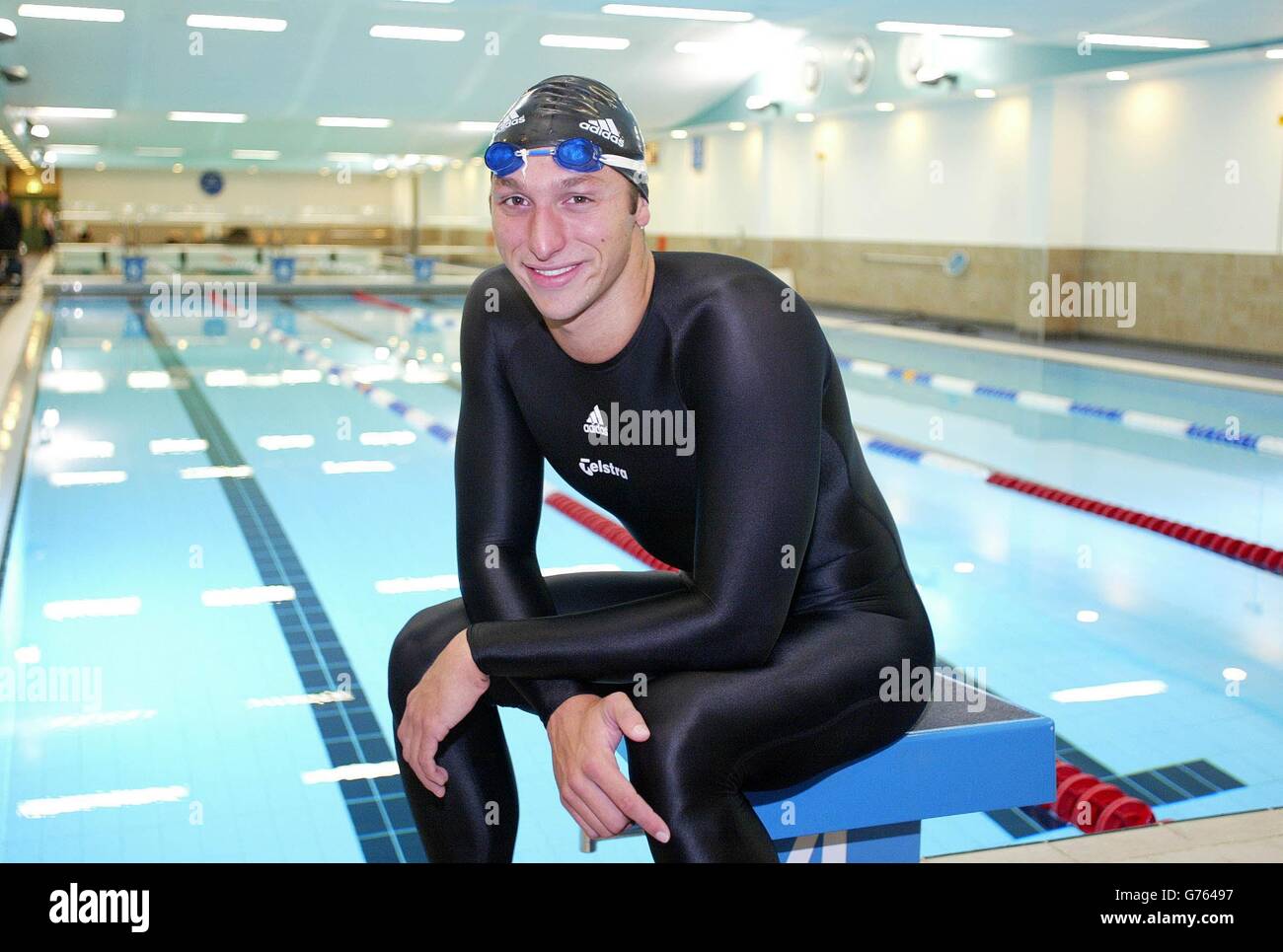Australian Olympic gold medal winning swimmer Ian Thorpe takes a break from the training pool at Manchester Aquatics Centre - a venue for the Commonwealth Games. Stock Photo