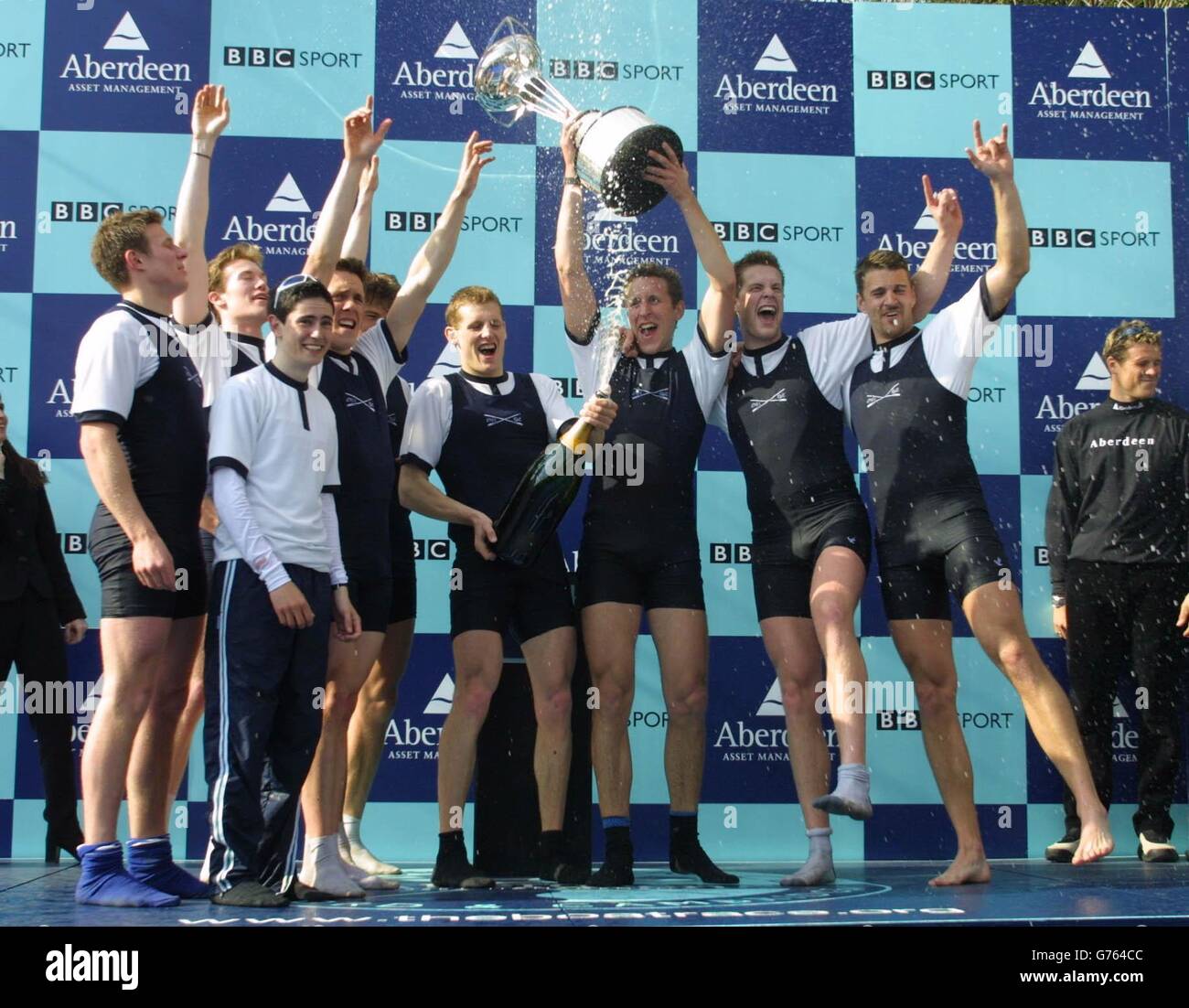 The Oxford crew celebrate a tight victory over Cambridge in the 148th University Boat race on the Thames. Stock Photo