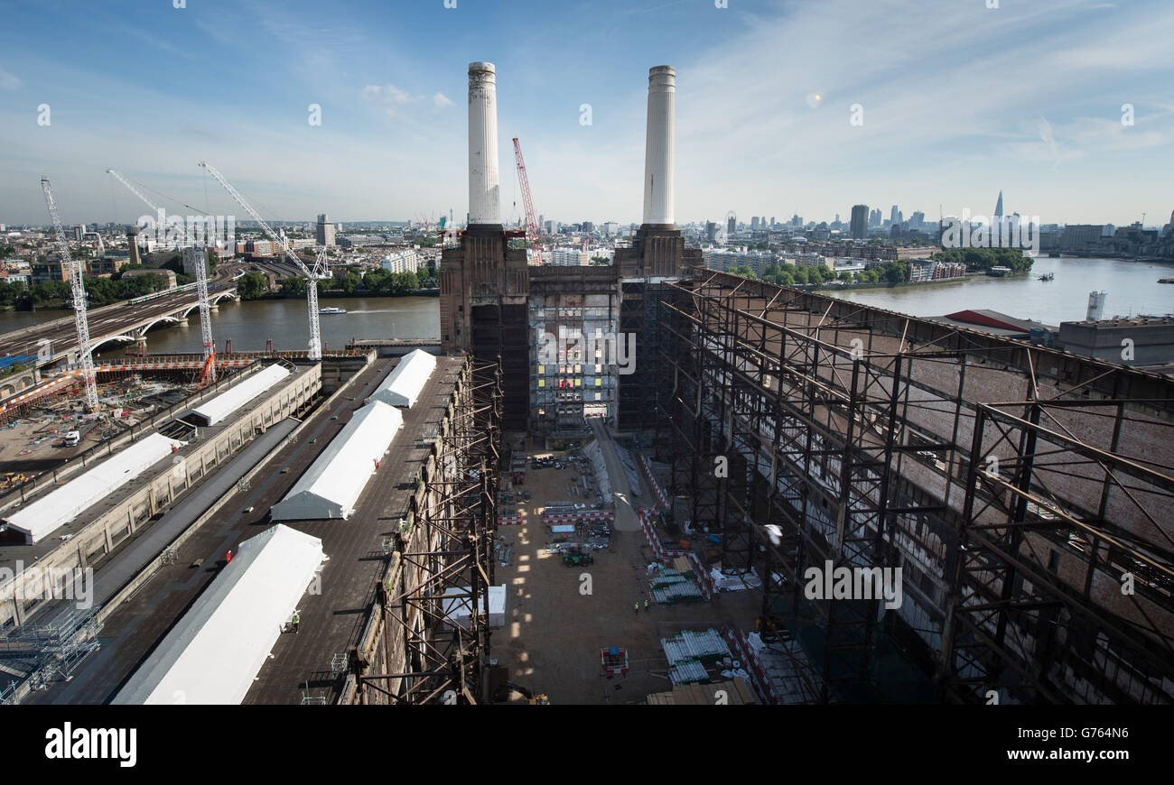 A view of Battersea Power Station in south west London, where they are preparing to dismantle then rebuild the four chimneys as part of the redevelopment of the 1930s power station. Stock Photo