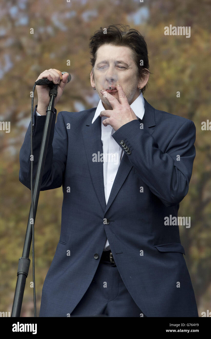 Shane MacGowan lead singer of The Pogues as the band performs at the Barclaycard British Summer