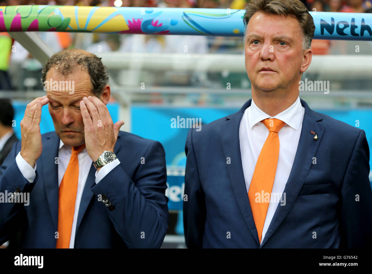 Soccer - FIFA World Cup 2014 - Quarter Final - Netherlands v Costa Rica - Arena Fonte Nova. Netherland manager Louis van Gaal (right) and assistant Danny Blind prior to kick-off Stock Photo