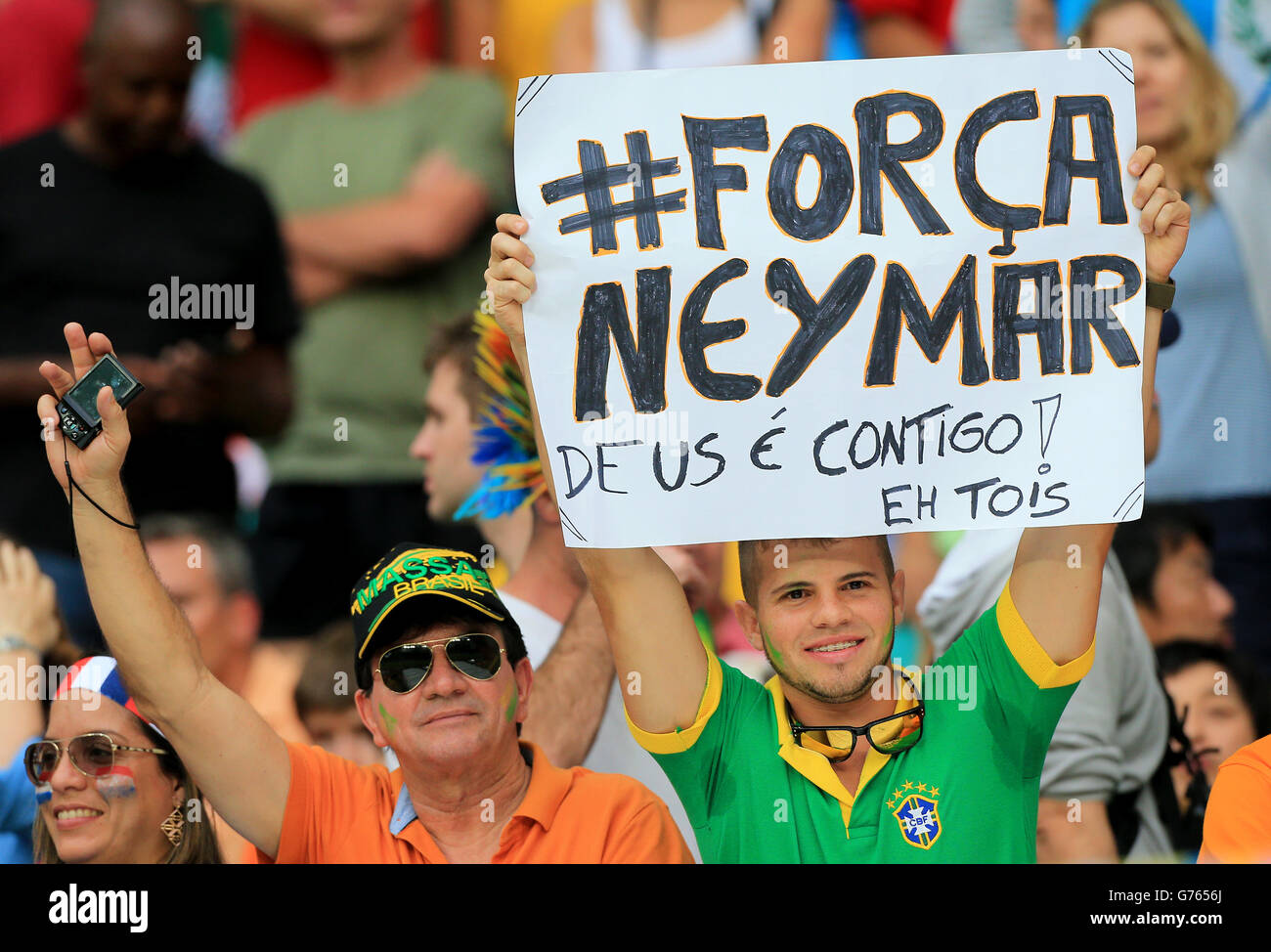 Fans show their support for Brazil's Neymar in the stands at the Arena Fonte Nova before kick-off. Stock Photo