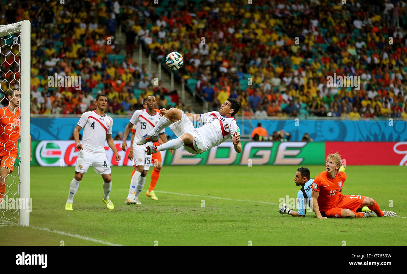 Costa Rica's Johnny Acosta clears the ball from danger Stock Photo