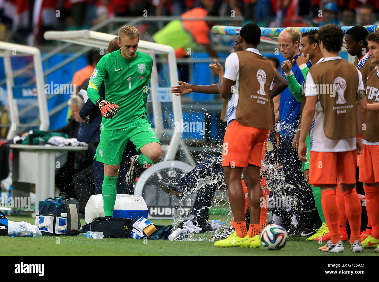Netherlands' Jasper Cillessen shows his anger after being substituted for Tim Krul by manager Louis van Gaal Stock Photo