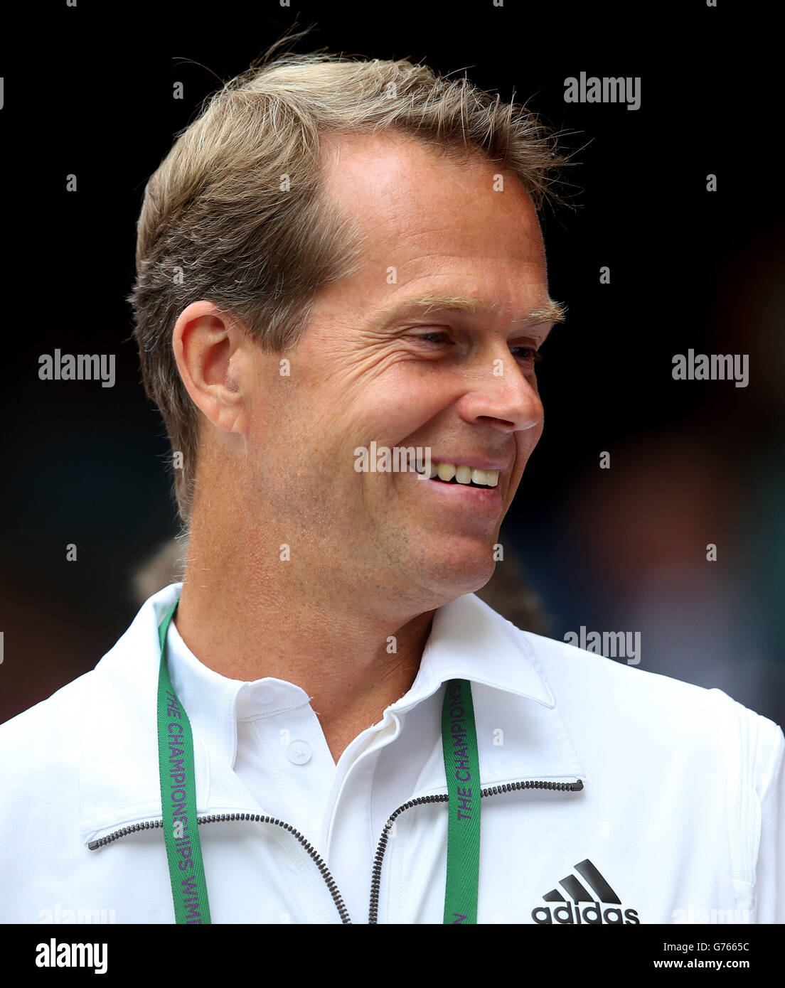 Stefan Edberg, coach of Switzerland's Roger Federer in the players box for the Mens singles final during day fourteen of the Wimbledon Championships at the All England Lawn Tennis and Croquet Club, Wimbledon. Stock Photo