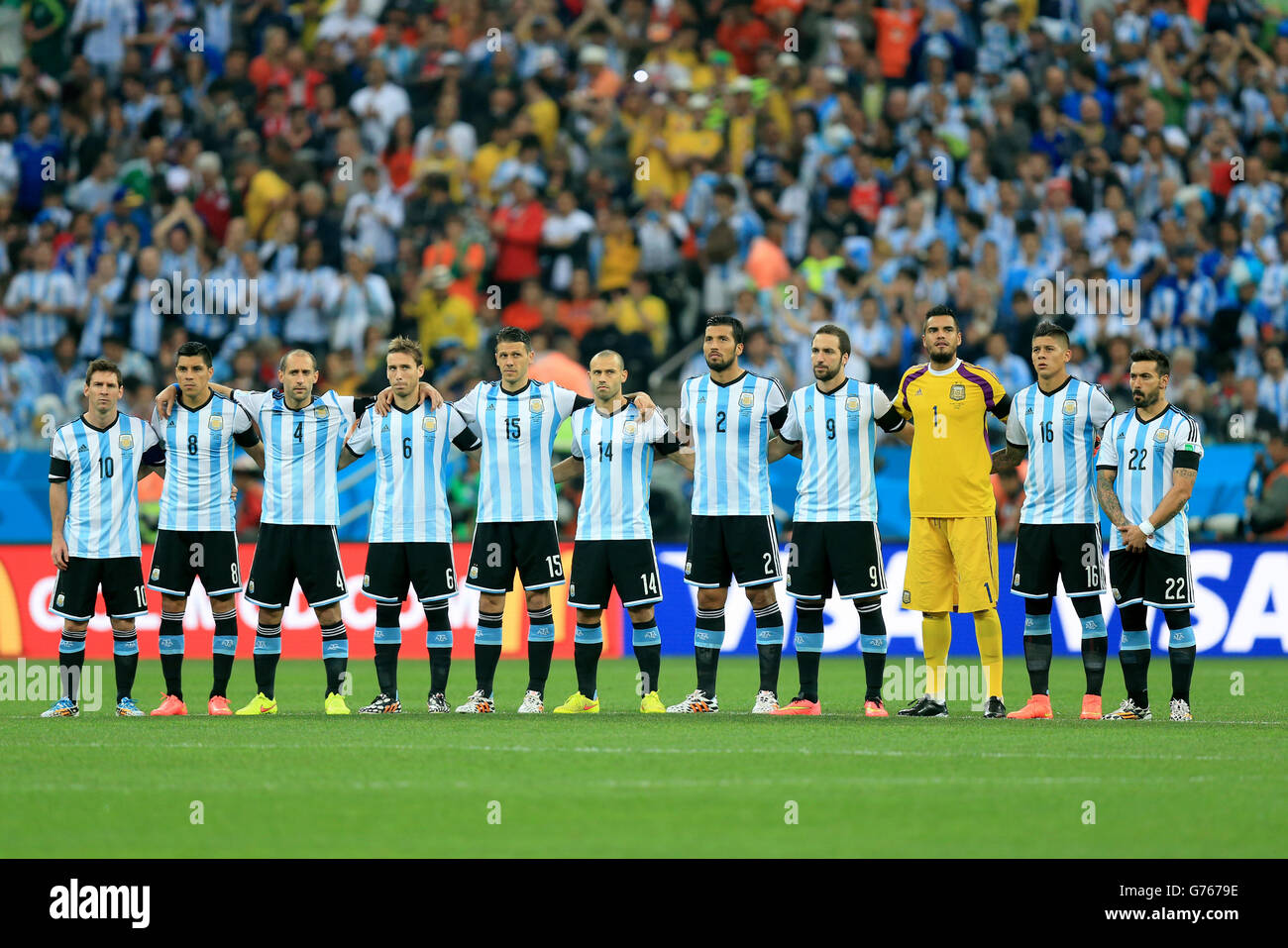 The Argentina team pay their respects for the passing of former international Alfredo di Stefano before the FIFA World Cup Semi Final at the Arena de Sao Paulo, Sao Paulo, Brazil. Stock Photo