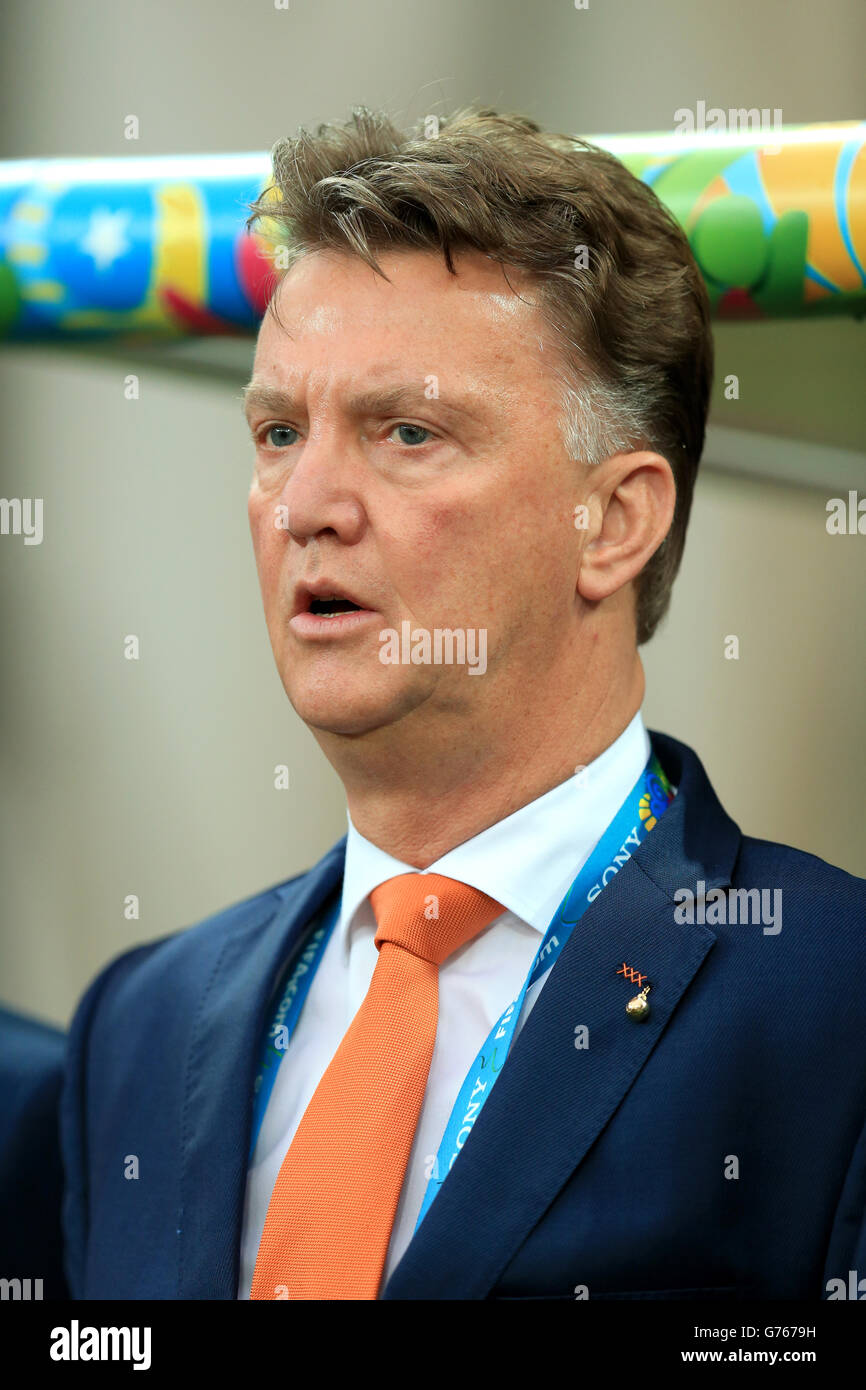 Netherlands manager Louis van Gaal before the FIFA World Cup Semi Final at the Arena de Sao Paulo, Sao Paulo, Brazil. PRESS ASSOCIATION Photo. Picture date: Wednesday July 9, 2014. See PA story SOCCER Holland. Photo credit should read: Mike Egerton/PA Wire. RESTRICTIONS: . No commercial use. No use with any unofficial 3rd party logos. No manipulation of images. No video emulation Stock Photo