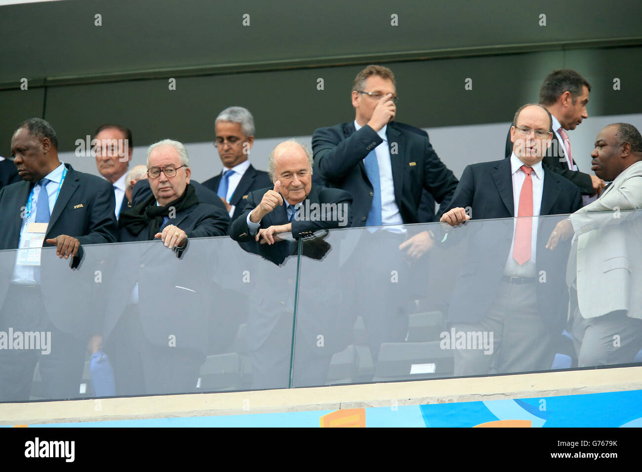 FIFA president Sepp Blatter (centre) in the stands before the FIFA World Cup Semi Final at the Arena de Sao Paulo, Sao Paulo, Brazil. Stock Photo