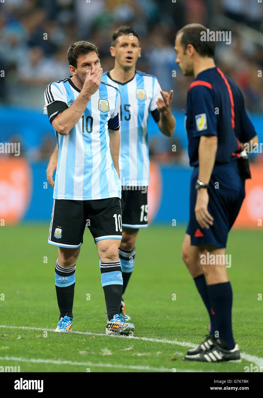Soccer - FIFA World Cup 2014 - Semi Final - Netherlands v Argentina - Arena de Sao Paulo. Argentina's Lionel Messi rues a missed chance on goal during the FIFA World Cup Semi Final at the Arena de Sao Paulo, Sao Paulo, Brazil. Stock Photo