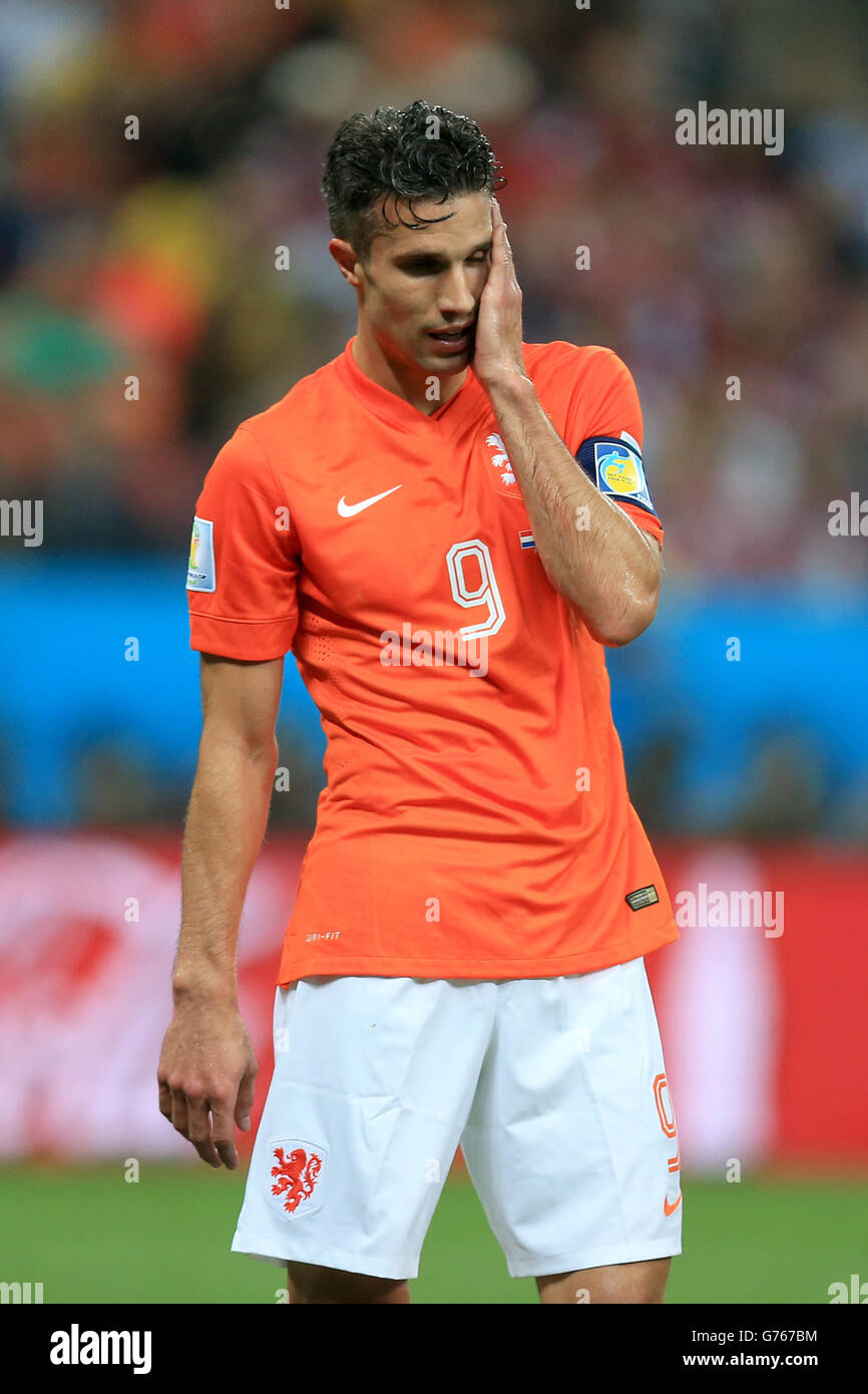 Netherlands' Robin van Persie reacts in the first half during the FIFA World Cup Semi Final at the Arena de Sao Paulo, Sao Paulo, Brazil. Stock Photo