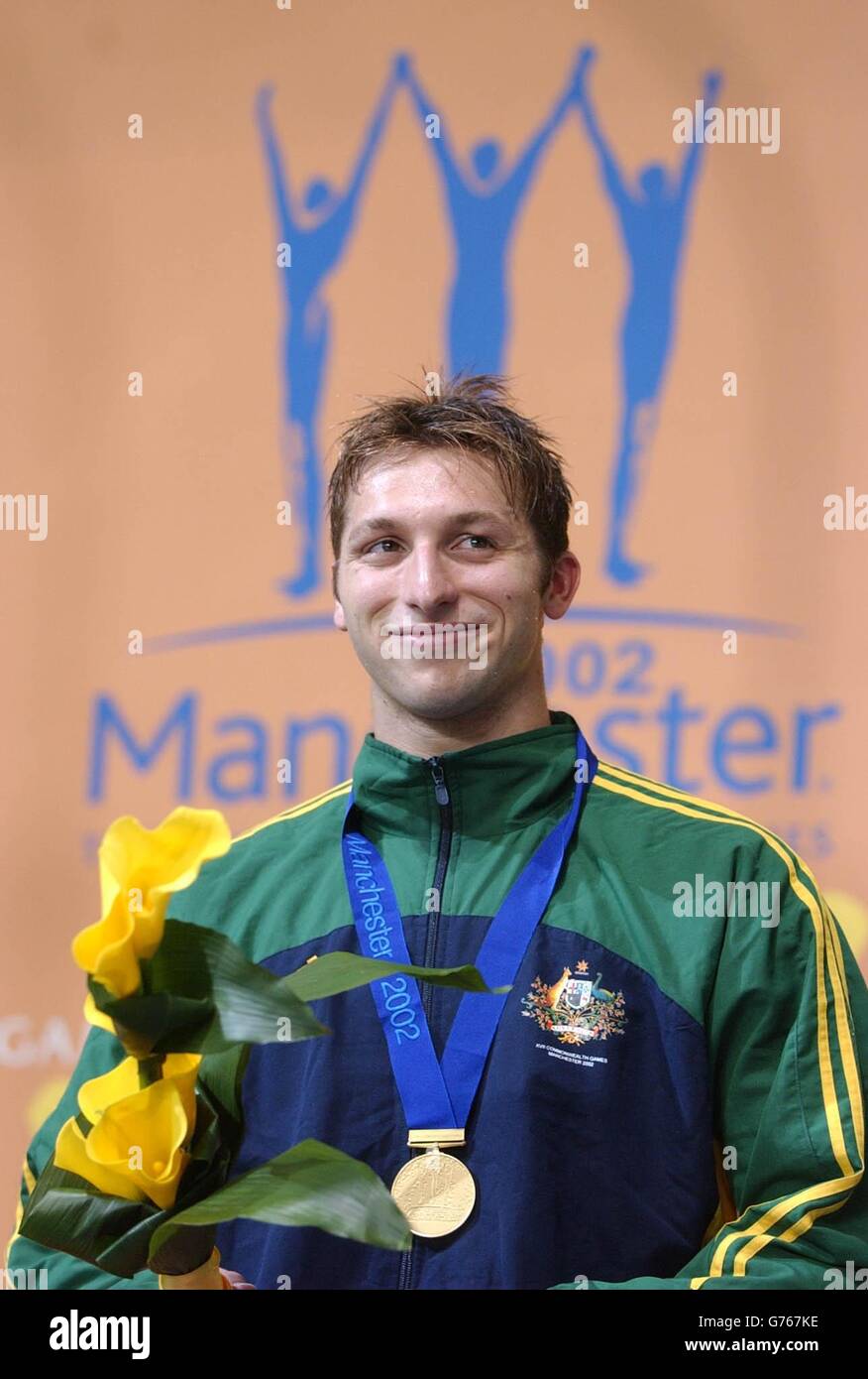 Swimming - Australia's Ian Thorpe. Australia's Ian Thorpe after winning another gold medal in the men's 100m Freestyle Finals at the Manchester Aquatic Centre, Manchester. Stock Photo
