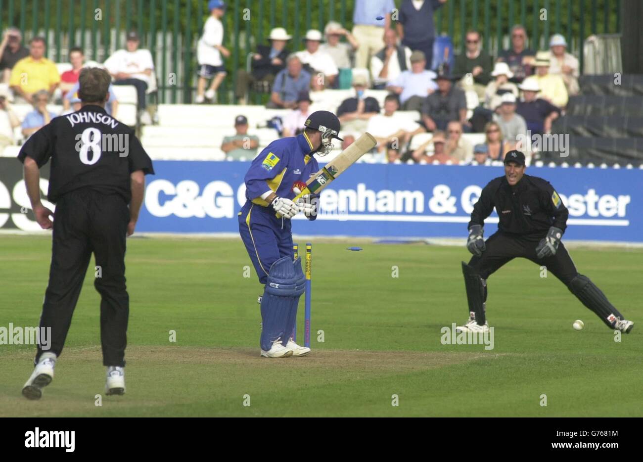 Matt Dowman of Derbyshire plays on to his stumps from a Johnson delivery after scoring 6 runs, during the Norwich Union League Division Two game between Derbyshire Scorpions and Hampshire Hawks at the County Ground, Derby. Stock Photo