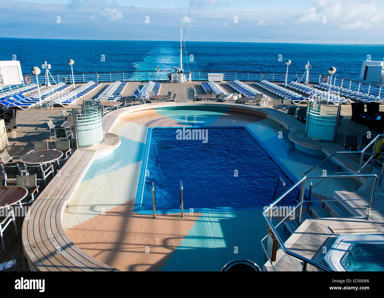 View of the after deck and swimming pool on P and O ship Arcadia. Stock Photo