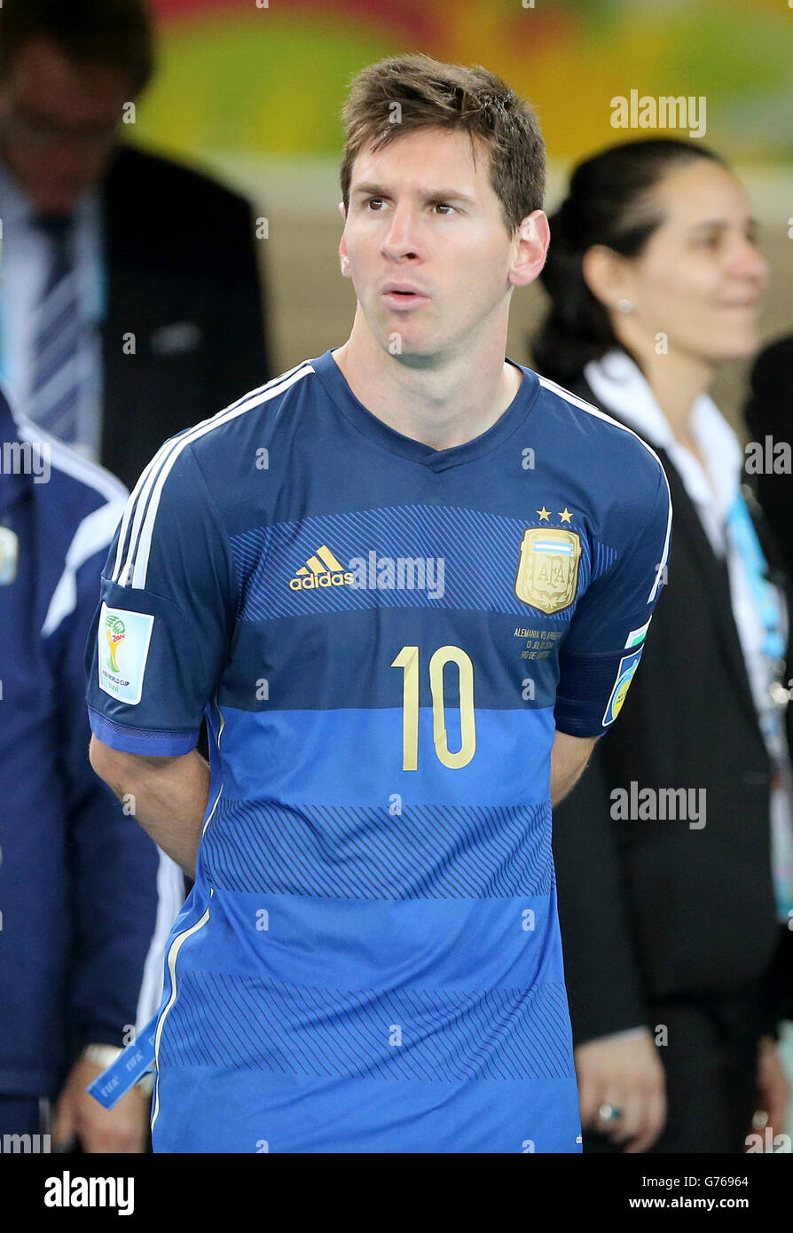 Soccer - FIFA World Cup 2014 - Final - Germany v Argentina - Estadio do Maracana. Argentina's Lionel Messi looks on after collecting his runner's up medal Stock Photo
