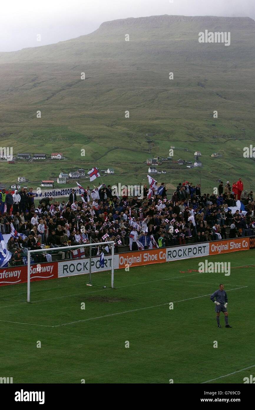 Scotlands goalkeeper Robert Douglas stands in front of the Faroe Islands fans in Toftir during the Group Five European Championships qualification game in the Faroe Islands. Stock Photo