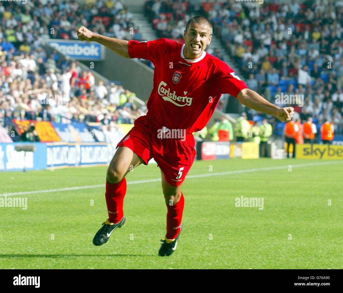 Milan Baros celebrates after scoring for Liverpool during the Barclaycard Premiership match between Bolton Wanderers and Liverpool, during their FA Barclaycard Premiership match at Bolton's Reebok Stadium. Stock Photo